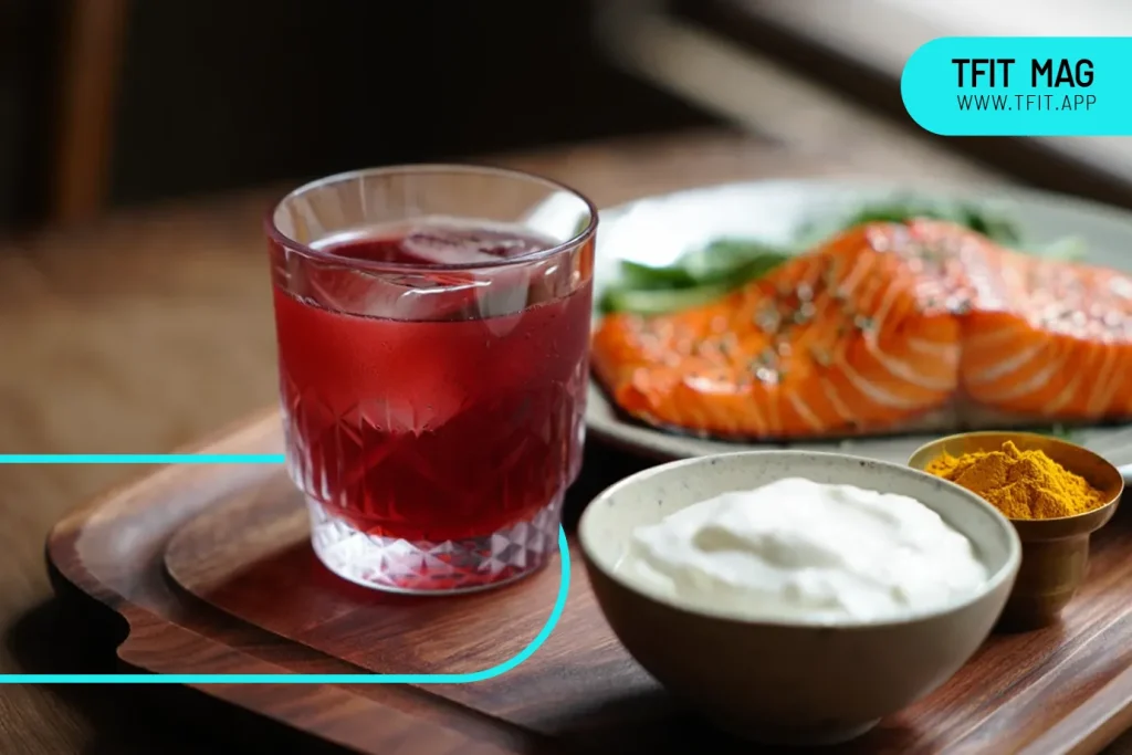 یک لیوان اب البالو و ظر مسی ماست برای تغذیه مناسب بعد از ورزش برای ریکاوری سریع است