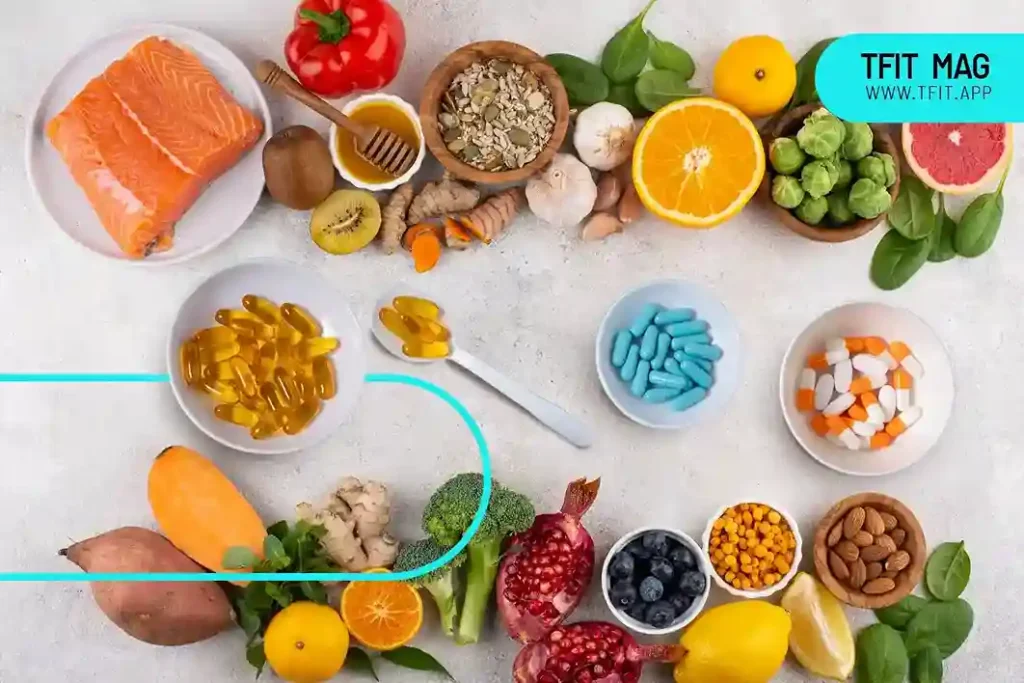 این تصویر ترکیبی از مکملهای غذایی (کپسولها و قرصها) و غذاهای عملکردی طبیعی مانند ماهی سالمون، زردچوبه، عسل، کیوی، مرکبات، مغزها و سبزیجات را نشان میدهد که برای تغذیه مناسب بعد از ورززش برای ریکاوری سریع است