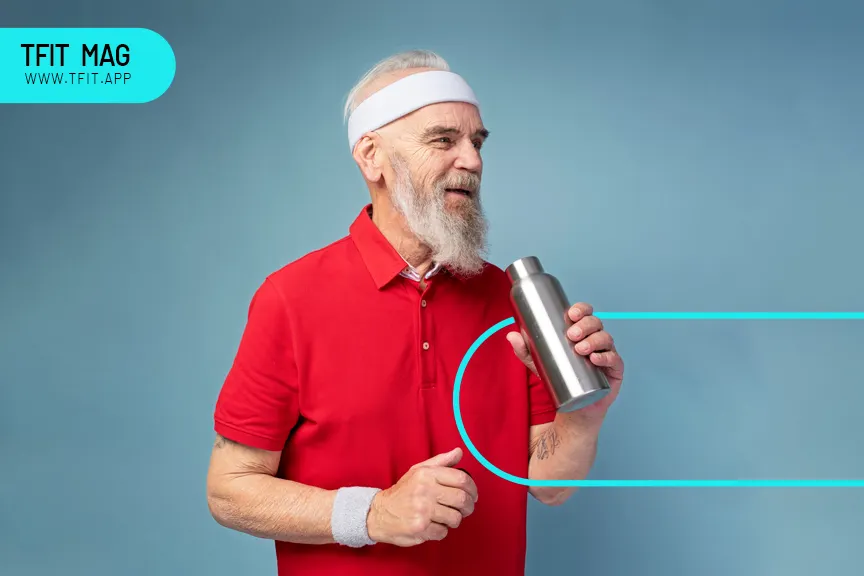 پیرمردی با لباس قرمز و بطری فلزی در حال خوردن کراتین است