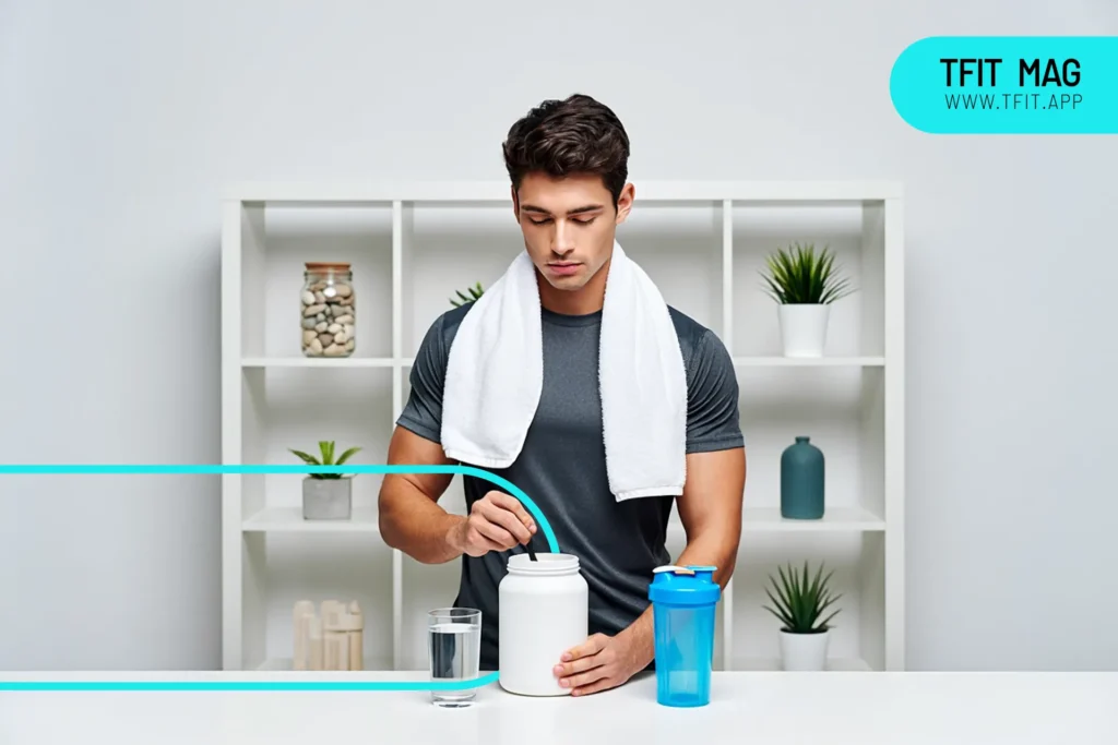 پسری با لباس تیره و حوله سفید دور گردن خود در حال مصرف مکمل BCAA است
