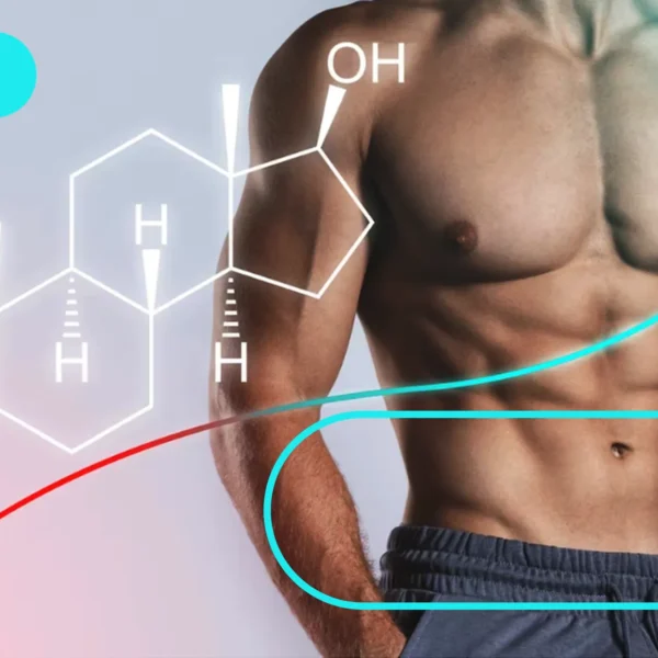 این تصویر نمایانگر تأثیر مکمل BCAA ؛ عضلات برجسته و فرمول شیمیایی، نقش BCAA را در رشد عضله، ریکاوری سریع‌تر و جلوگیری از تحلیل عضلانی نشان می‌دهند.